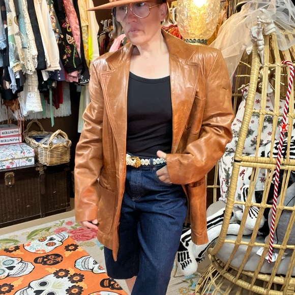 Vintage Baracuta 100% Leather Size Mens 46 Butterscotch Boxy Blazer - Picture 4 of 6